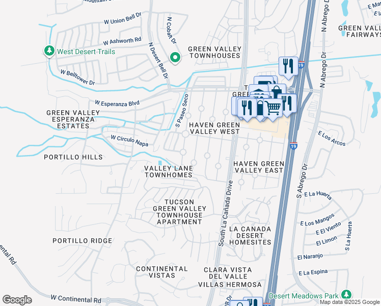 map of restaurants, bars, coffee shops, grocery stores, and more near 369 South Paseo Tierra in Green Valley