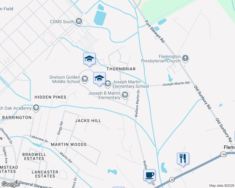 map of restaurants, bars, coffee shops, grocery stores, and more near 41 Thornbriar Drive in Hinesville