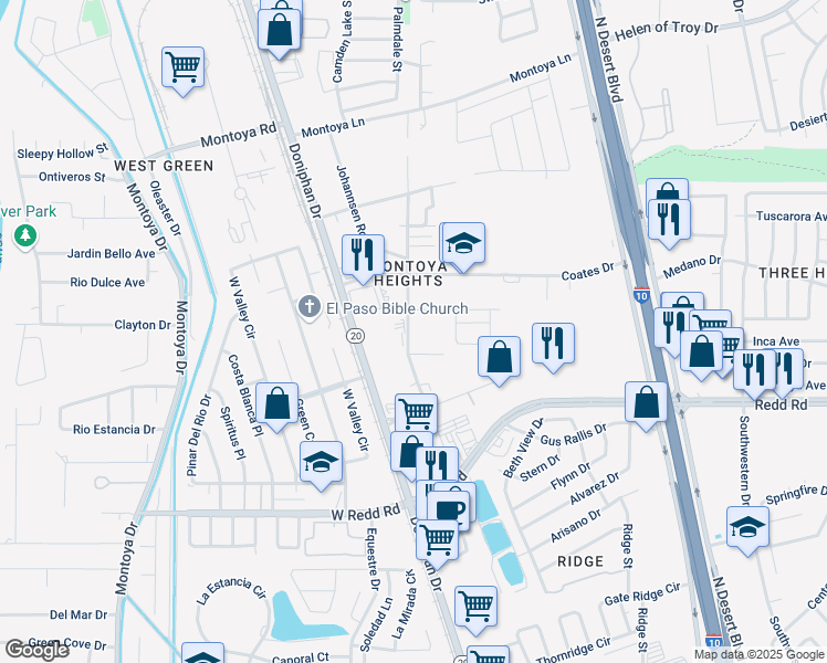 map of restaurants, bars, coffee shops, grocery stores, and more near 5710 Ethel Road in El Paso