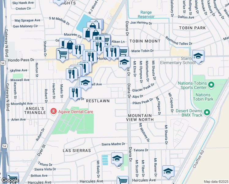 map of restaurants, bars, coffee shops, grocery stores, and more near 4949 Alps Drive in El Paso