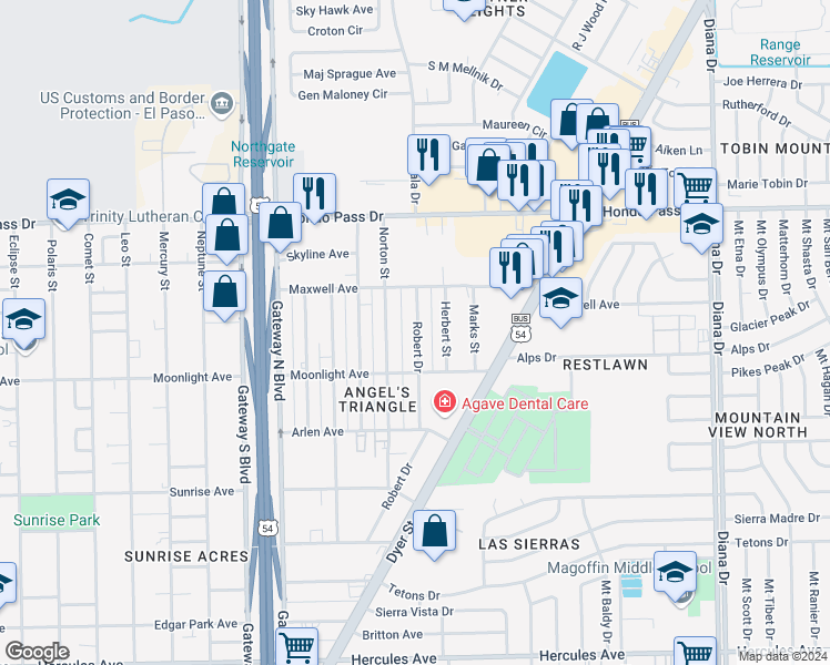map of restaurants, bars, coffee shops, grocery stores, and more near 8931 Herbert Street in El Paso
