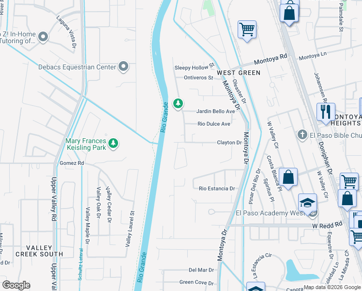 map of restaurants, bars, coffee shops, grocery stores, and more near 404 Rio Fango Court in El Paso