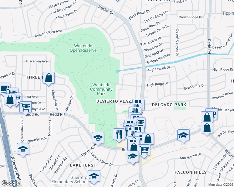map of restaurants, bars, coffee shops, grocery stores, and more near 1053 Desierto Luna Street in El Paso