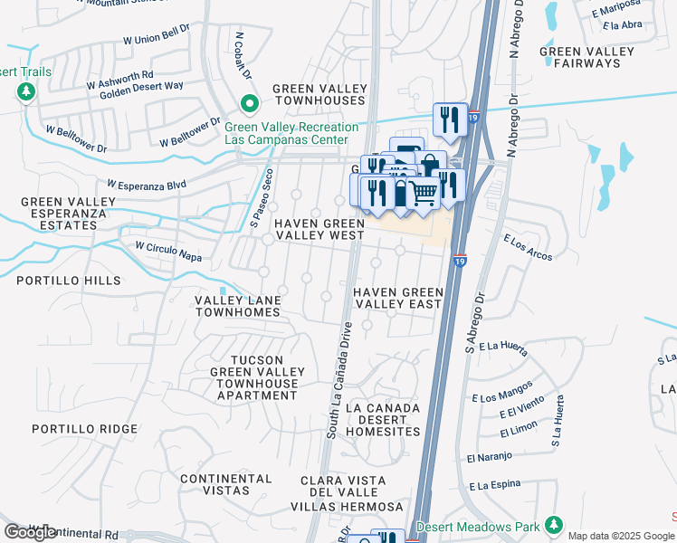 map of restaurants, bars, coffee shops, grocery stores, and more near 361 South Paseo Pena in Green Valley