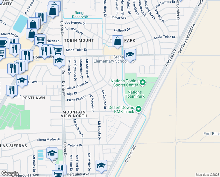 map of restaurants, bars, coffee shops, grocery stores, and more near 8835 Mount Elbert Drive in El Paso