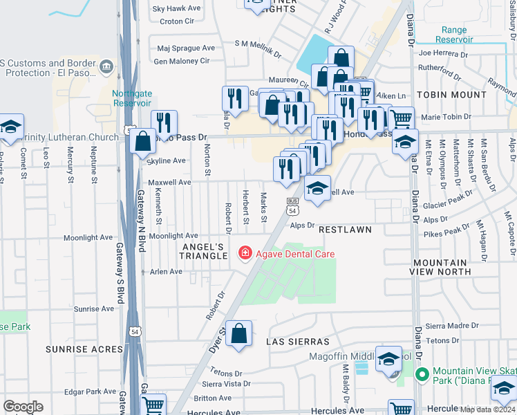map of restaurants, bars, coffee shops, grocery stores, and more near 8931 Marks Street in El Paso
