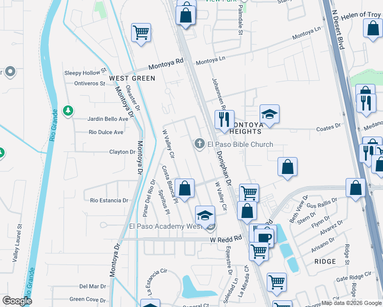 map of restaurants, bars, coffee shops, grocery stores, and more near 5879 West Valley Circle in El Paso