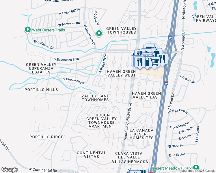 map of restaurants, bars, coffee shops, grocery stores, and more near 369 South Paseo Tierra in Green Valley