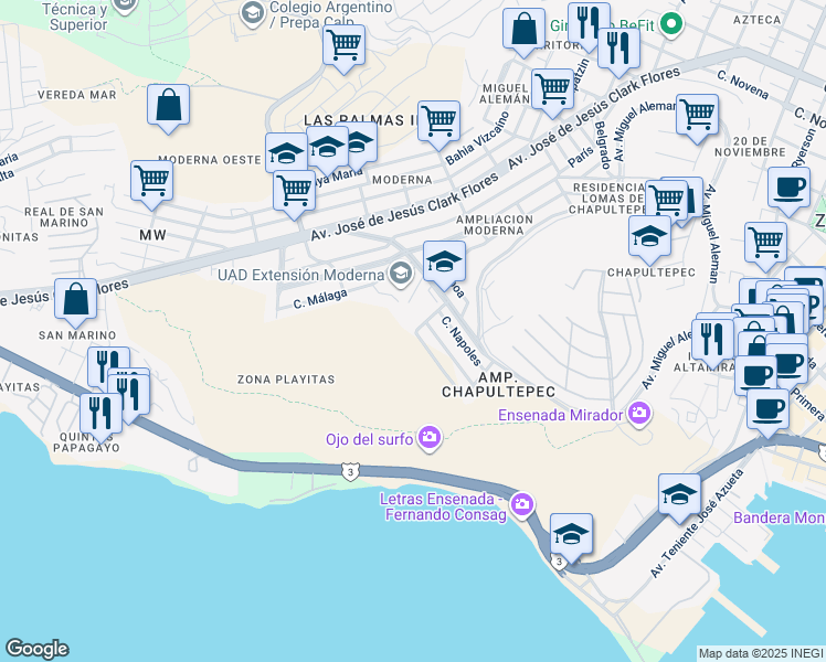 map of restaurants, bars, coffee shops, grocery stores, and more near 2 Avenida Miguel Aleman in Ensenada