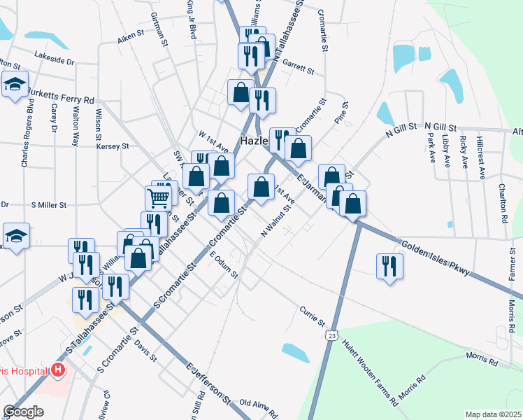map of restaurants, bars, coffee shops, grocery stores, and more near 35 East Sycamore Street in Hazlehurst