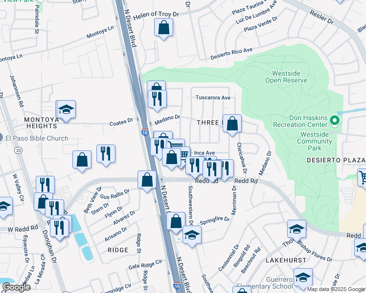map of restaurants, bars, coffee shops, grocery stores, and more near 1008 Quinault Drive in El Paso