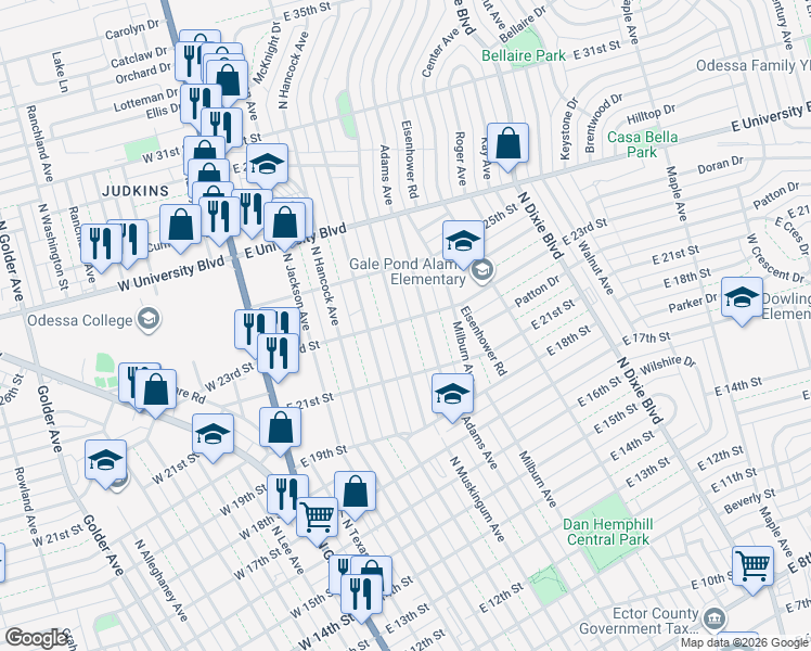 map of restaurants, bars, coffee shops, grocery stores, and more near 2122 North Muskingum Avenue in Odessa