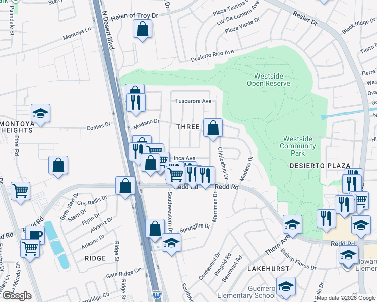 map of restaurants, bars, coffee shops, grocery stores, and more near 7736 Iroquois Drive in El Paso