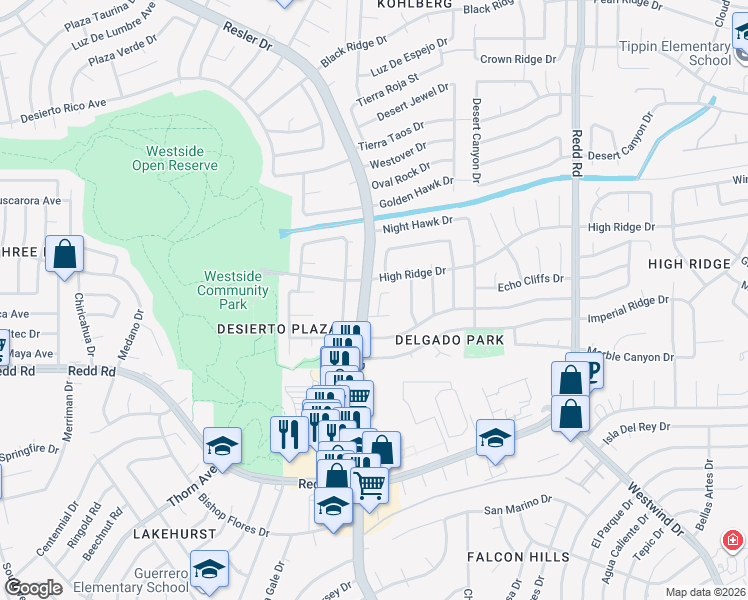 map of restaurants, bars, coffee shops, grocery stores, and more near 1113 West Bend Lane in El Paso