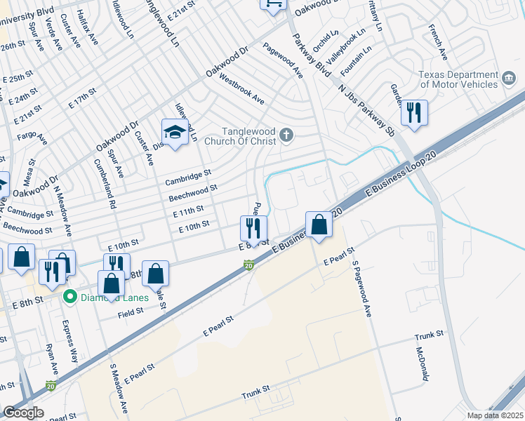 map of restaurants, bars, coffee shops, grocery stores, and more near 1046-1098 Pueblo Street in Odessa
