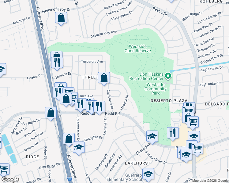 map of restaurants, bars, coffee shops, grocery stores, and more near 575 Mogollon Circle in El Paso