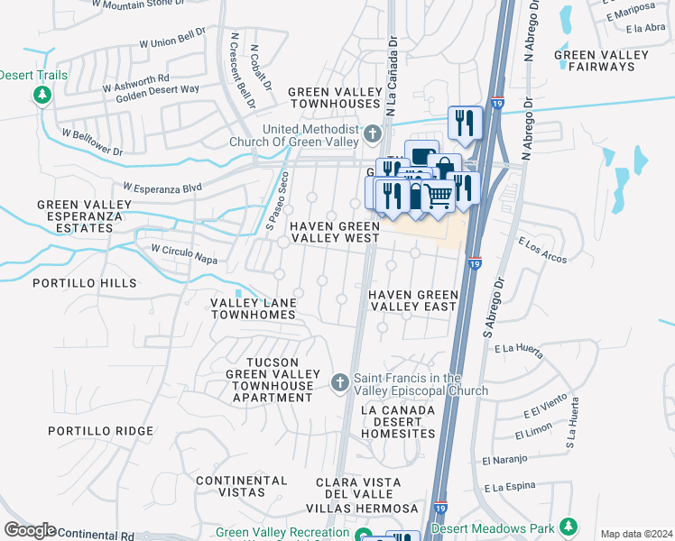 map of restaurants, bars, coffee shops, grocery stores, and more near 361 South Paseo Pena in Green Valley