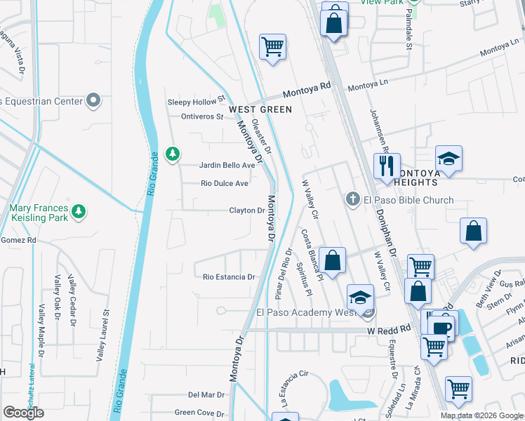map of restaurants, bars, coffee shops, grocery stores, and more near 440 Clayton Dr in El Paso