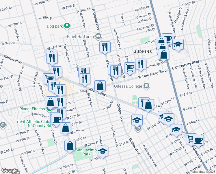 map of restaurants, bars, coffee shops, grocery stores, and more near 920 West University Boulevard in Odessa
