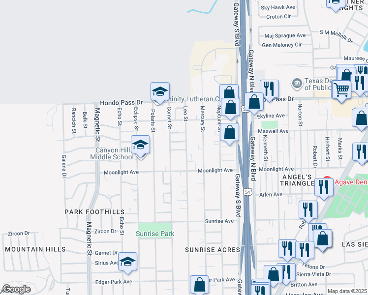 map of restaurants, bars, coffee shops, grocery stores, and more near 3921 Milky Way Court in El Paso