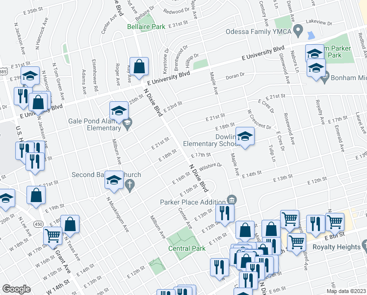 map of restaurants, bars, coffee shops, grocery stores, and more near 1708 North Dixie Boulevard in Odessa