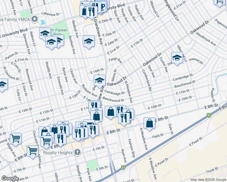 map of restaurants, bars, coffee shops, grocery stores, and more near 2407 Cambridge Street in Odessa