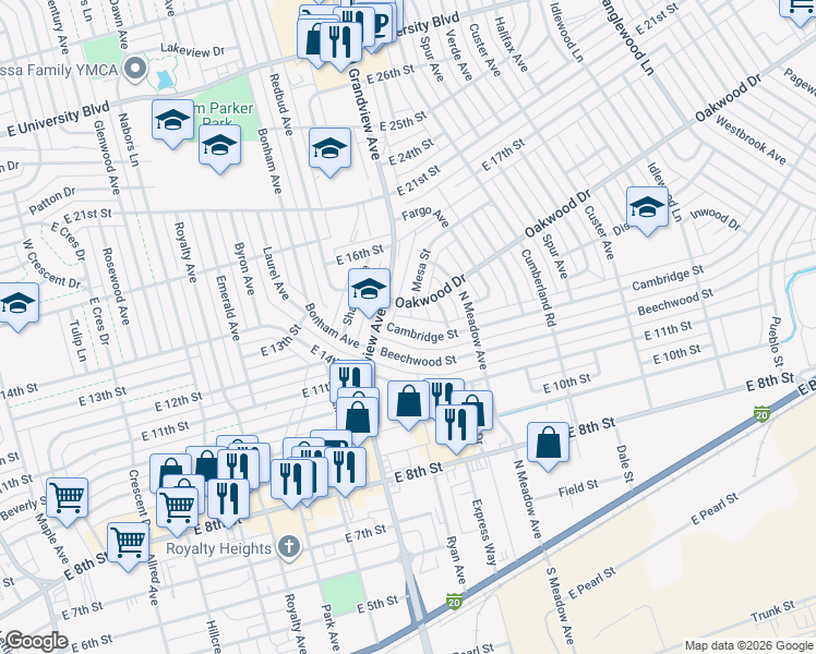 map of restaurants, bars, coffee shops, grocery stores, and more near 2407 Cambridge Street in Odessa
