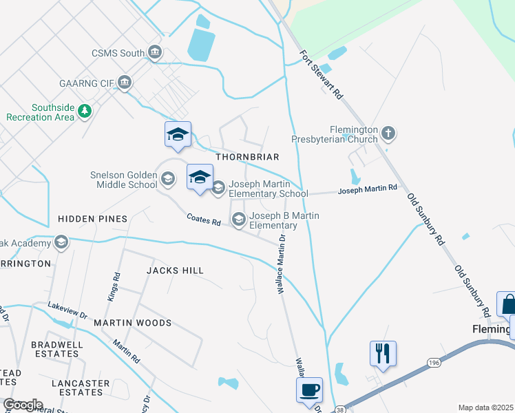 map of restaurants, bars, coffee shops, grocery stores, and more near 72 Thornbriar Drive in Hinesville