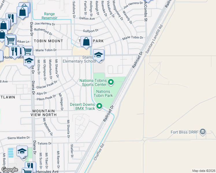map of restaurants, bars, coffee shops, grocery stores, and more near 8831 Railroad Drive in El Paso