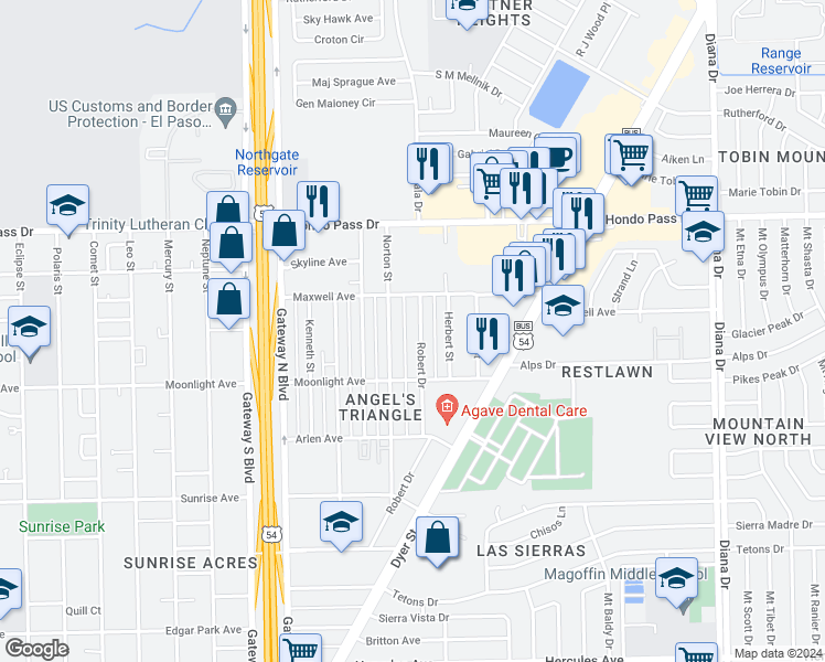 map of restaurants, bars, coffee shops, grocery stores, and more near 8940 Norton Street in El Paso