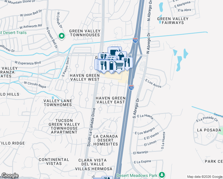 map of restaurants, bars, coffee shops, grocery stores, and more near 336 South Paseo Lobo in Green Valley