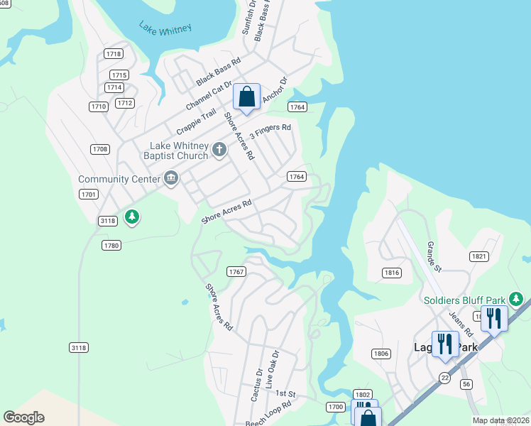 map of restaurants, bars, coffee shops, grocery stores, and more near 231 County Road 1766 in Clifton