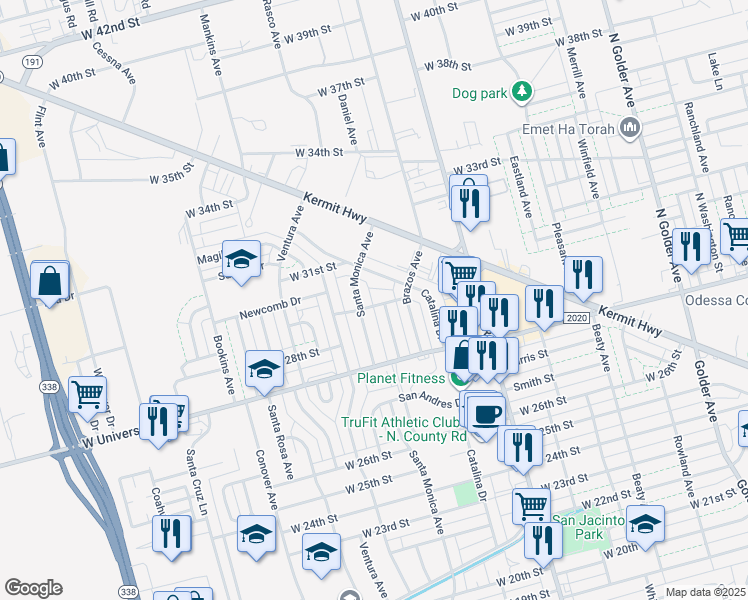 map of restaurants, bars, coffee shops, grocery stores, and more near 1610 Tennessee Drive in Odessa
