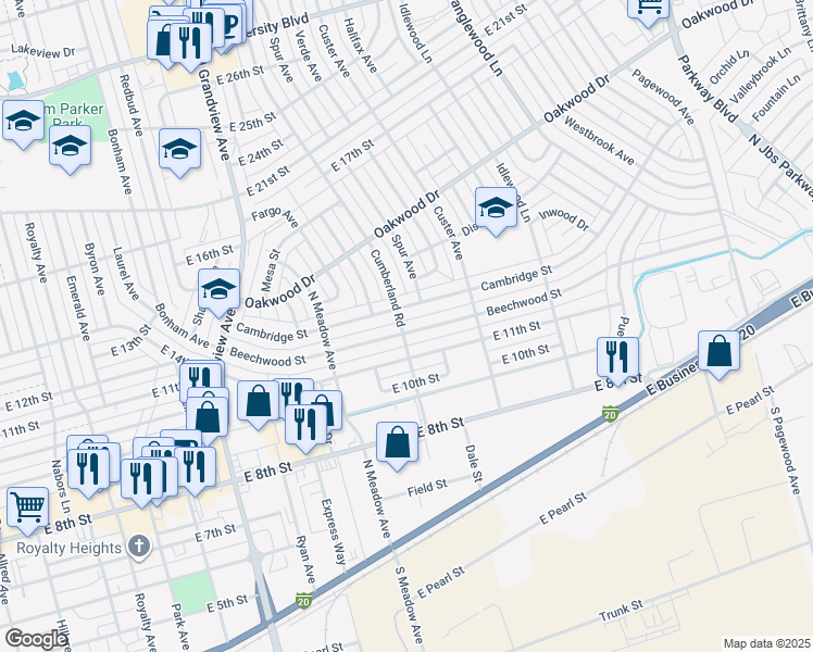 map of restaurants, bars, coffee shops, grocery stores, and more near 2601 Beechwood Street in Odessa