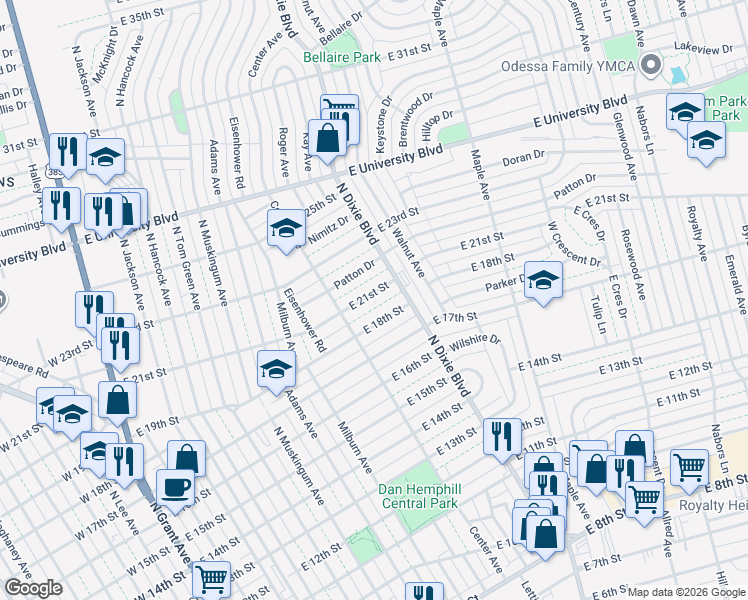map of restaurants, bars, coffee shops, grocery stores, and more near 916 East 21st Street in Odessa