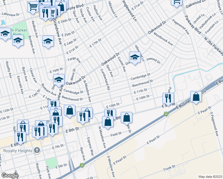 map of restaurants, bars, coffee shops, grocery stores, and more near 2601 Beechwood Street in Odessa