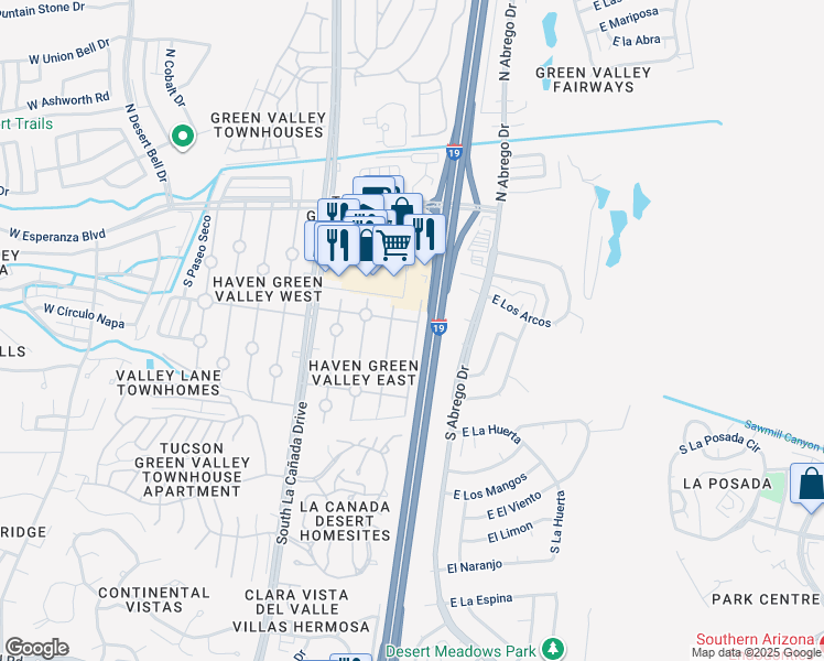 map of restaurants, bars, coffee shops, grocery stores, and more near 337 South Paseo Cerro in Green Valley