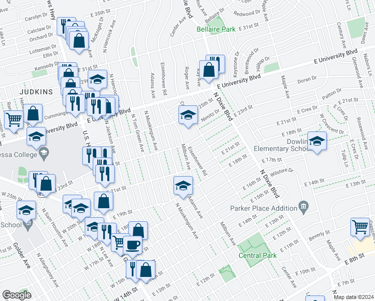 map of restaurants, bars, coffee shops, grocery stores, and more near 2114 Milburn Avenue in Odessa