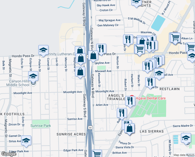 map of restaurants, bars, coffee shops, grocery stores, and more near 8937 Kenneth Street in El Paso