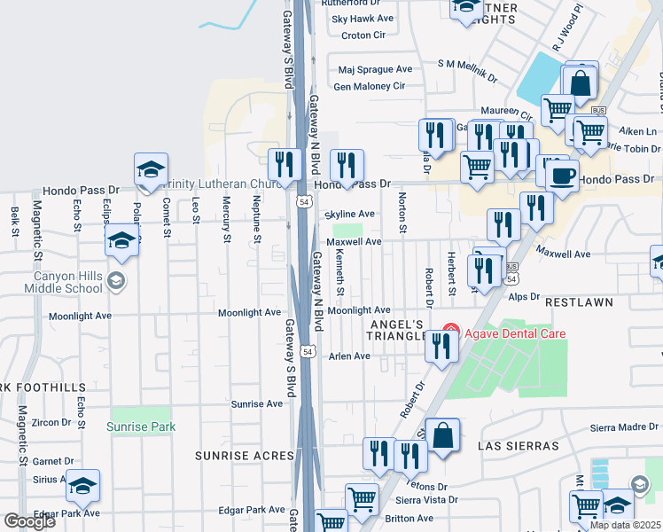 map of restaurants, bars, coffee shops, grocery stores, and more near 8937 Kenneth Street in El Paso