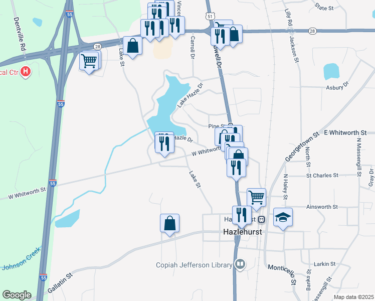 map of restaurants, bars, coffee shops, grocery stores, and more near 523 Lake Street in Hazlehurst