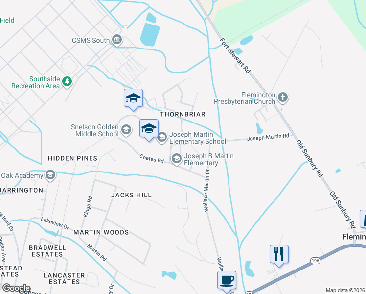 map of restaurants, bars, coffee shops, grocery stores, and more near 578 Joseph Martin Road in Hinesville