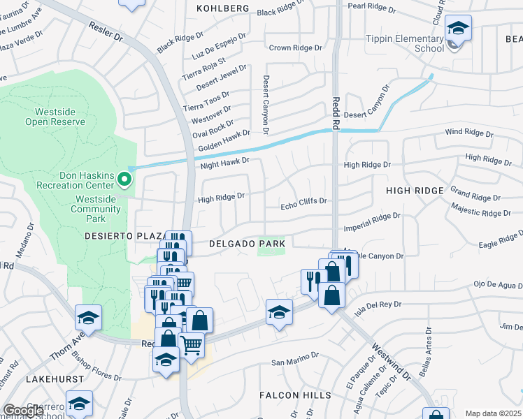 map of restaurants, bars, coffee shops, grocery stores, and more near 1119 Night Hawk Drive in El Paso