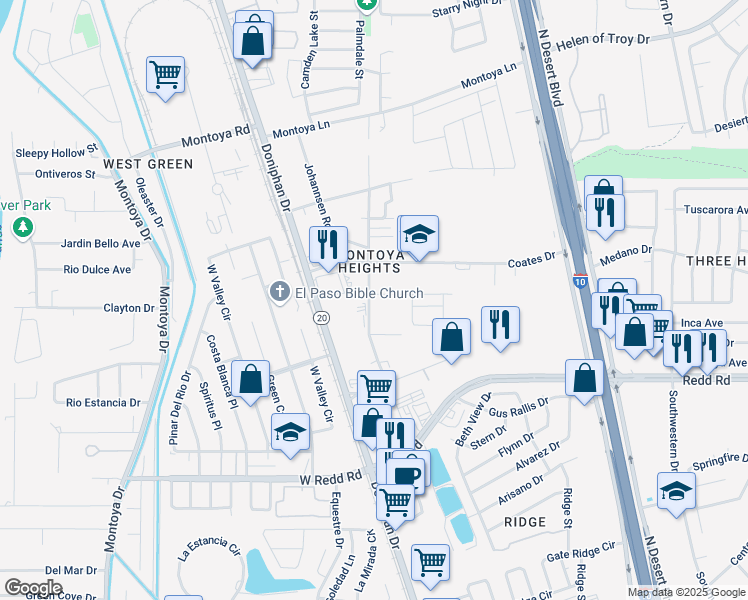 map of restaurants, bars, coffee shops, grocery stores, and more near 5710 Ethel Road in El Paso