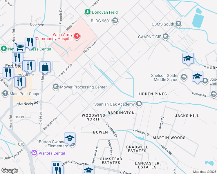 map of restaurants, bars, coffee shops, grocery stores, and more near Troupe Avenue in Fort Stewart