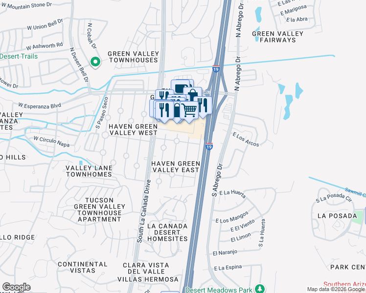 map of restaurants, bars, coffee shops, grocery stores, and more near 337 South Paseo Cerro in Green Valley
