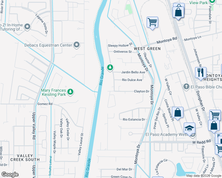map of restaurants, bars, coffee shops, grocery stores, and more near 404 Rio Fango Court in El Paso