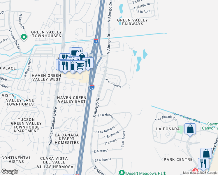 map of restaurants, bars, coffee shops, grocery stores, and more near 310 South Las Hamacas in Green Valley