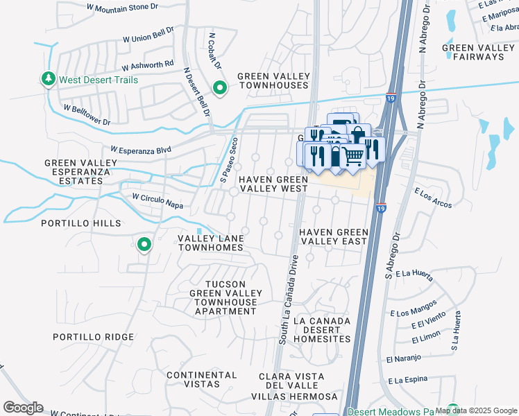 map of restaurants, bars, coffee shops, grocery stores, and more near 345 South Paseo Sarta in Green Valley