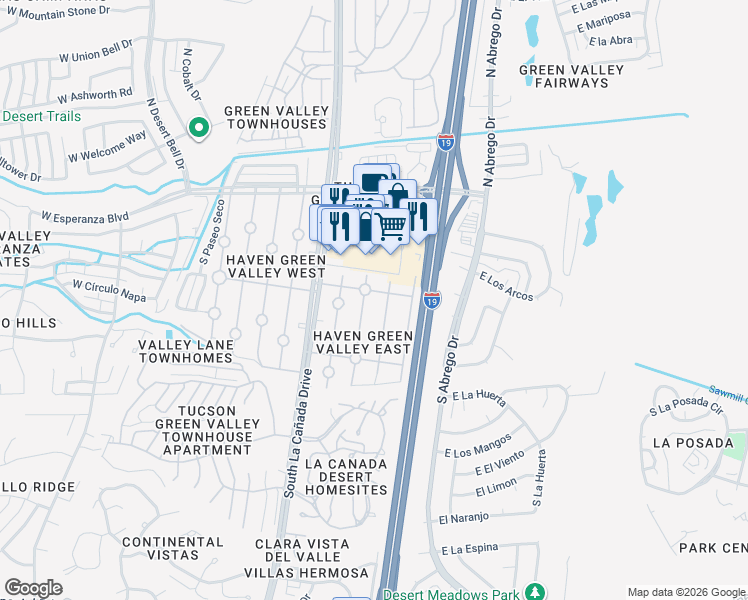map of restaurants, bars, coffee shops, grocery stores, and more near 291 South Paseo Lobo in Green Valley